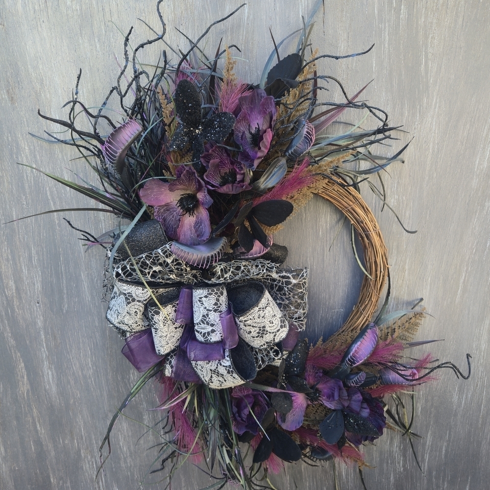 Handmade Purple and Black Wreath elegant Gothic-style Halloween wreath